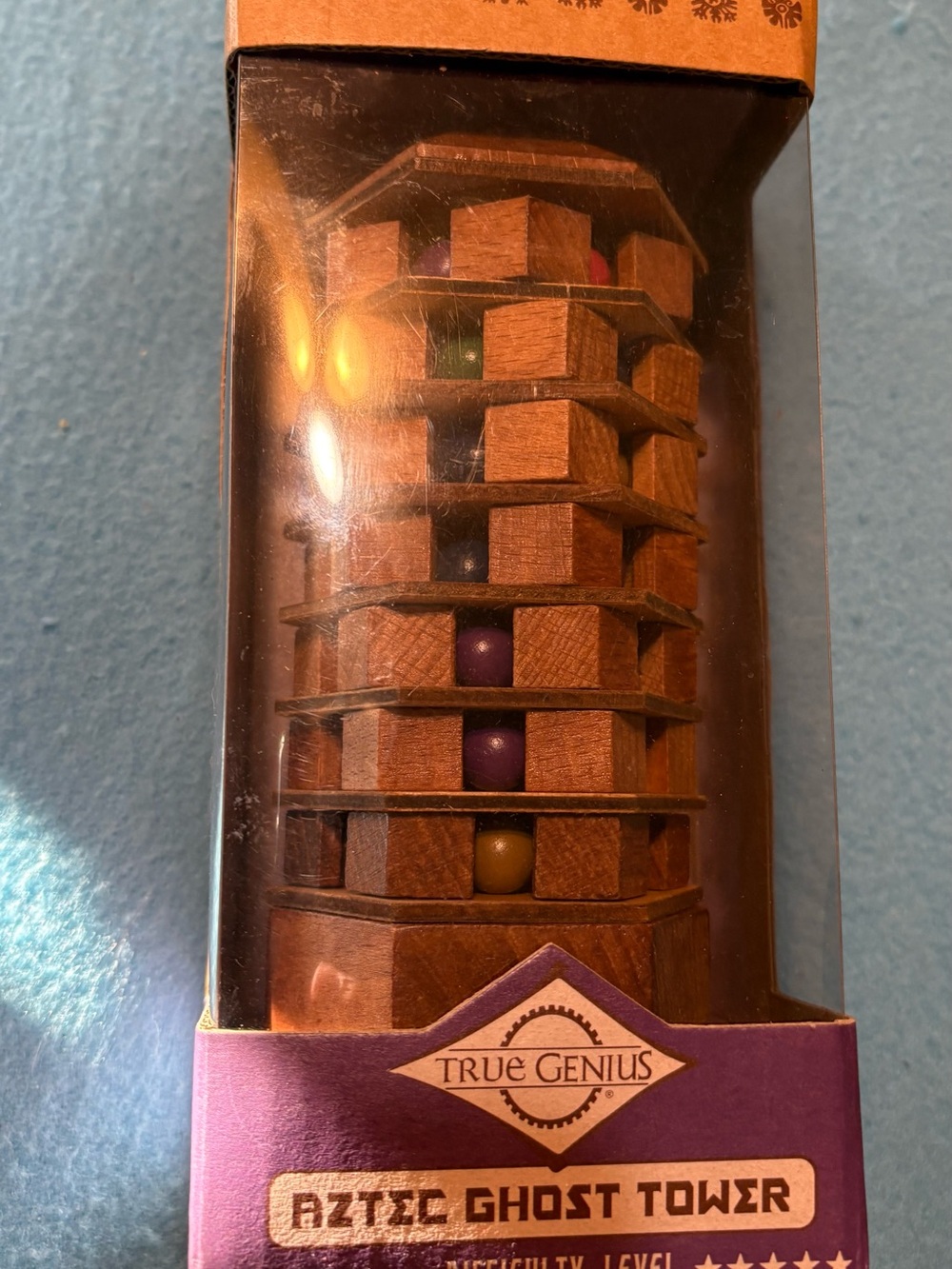 Aztec Ghost Tower Wooden Puzzle - Brown with Multicolor Beads